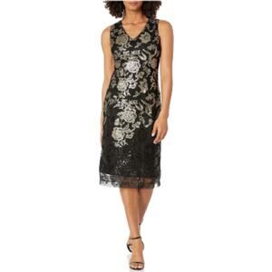 Donna Ricco Dress Gold Black Sequin V-Neck Sleeveless Evening Sheath Size 4